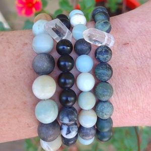 Set of 4 gemstone stretch bracelets quartz multiple jasper types lot